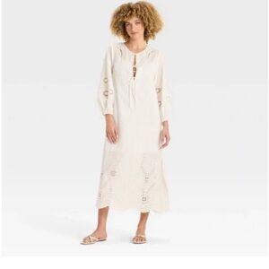 Off White Long Sleeve Kaftan Dress with Embroidered Cutouts